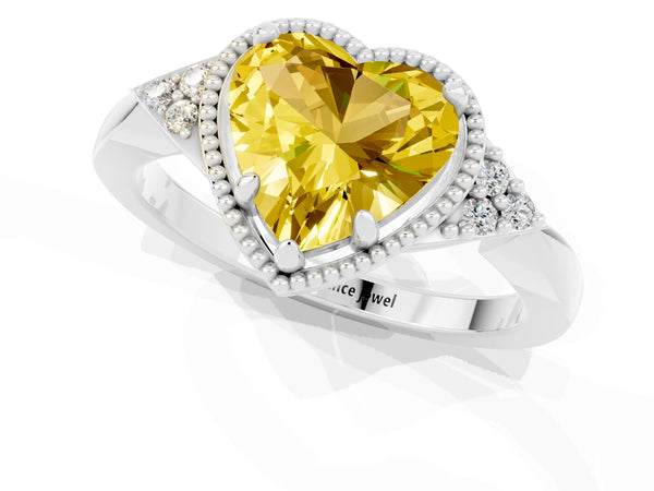 Silver Heart Cut Yellow Sapphire Halo Ring with Tapered Band and Four-Prong Setting