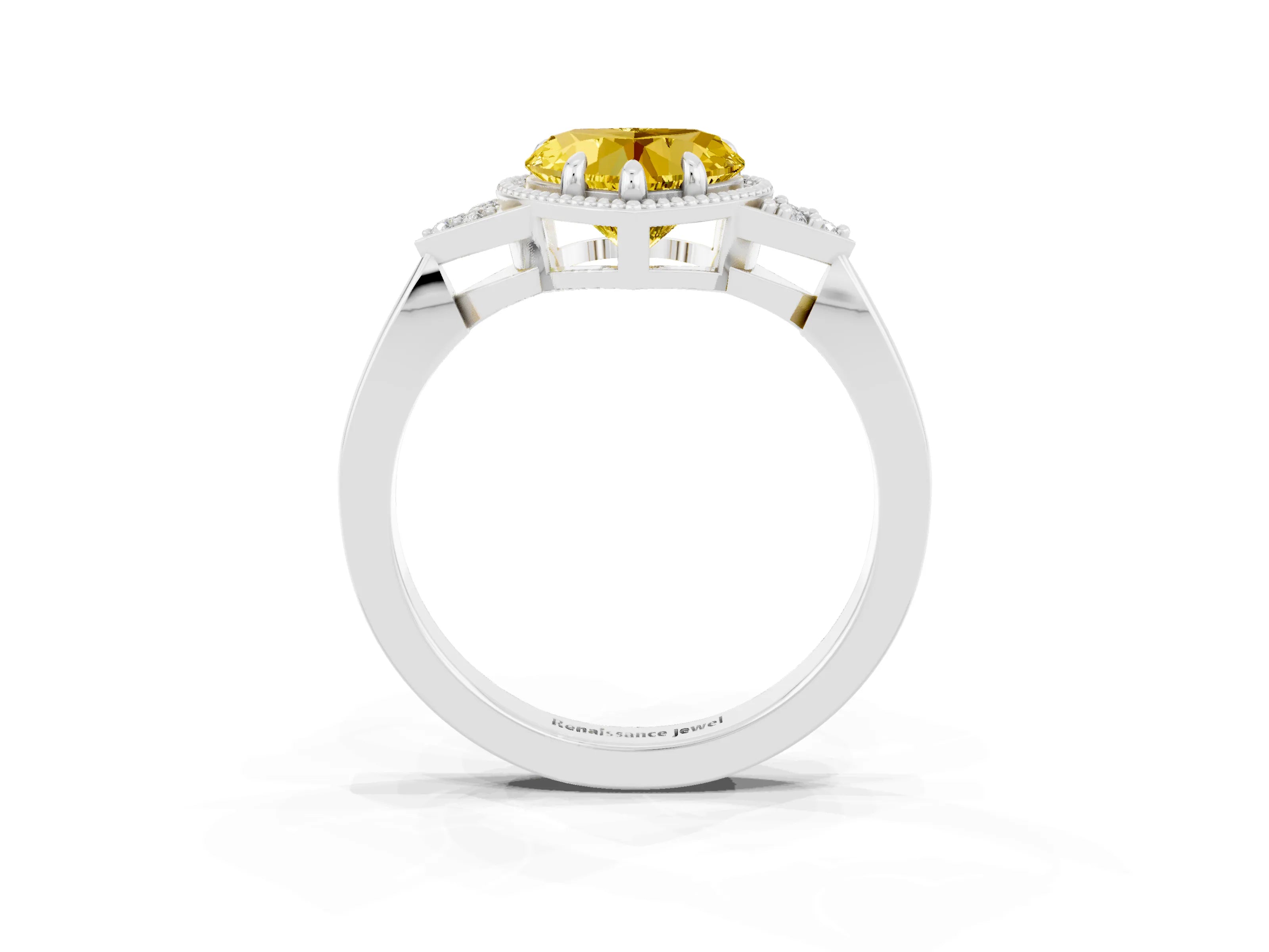 White gold Heart Cut Yellow Sapphire Halo Ring with Tapered Band and Four-Prong Setting_3