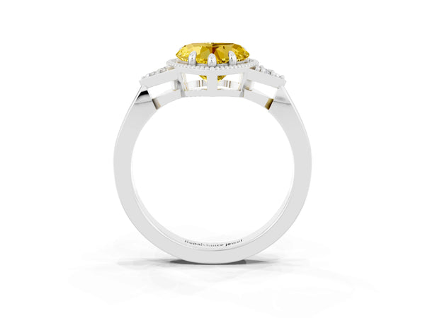 Platinum Heart Cut Yellow Sapphire Halo Ring with Tapered Band and Four-Prong Setting