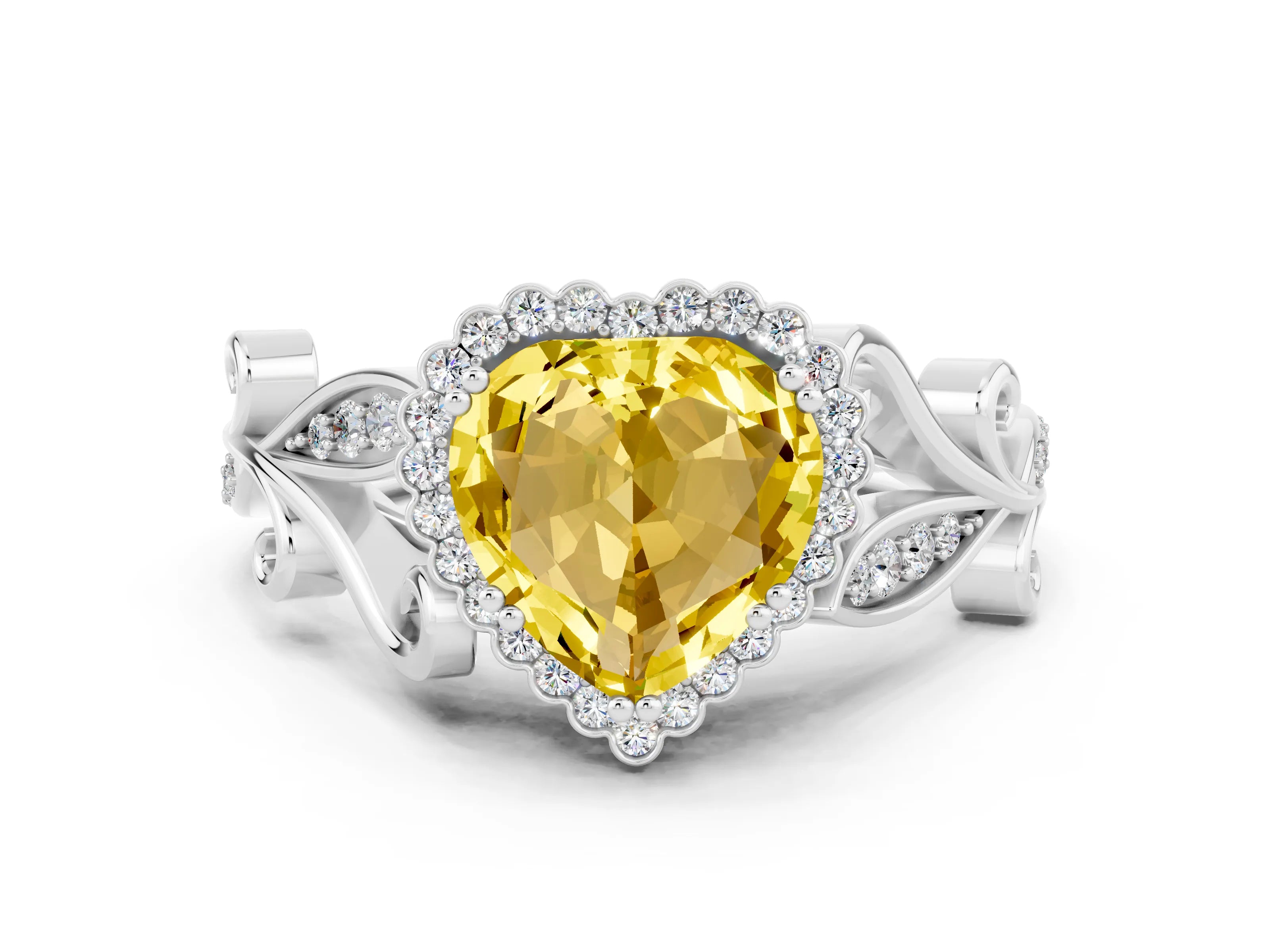 White gold Heart Cut Yellow Sapphire Halo Ring with Vintage Split Shank and Four-Prong Setting_24