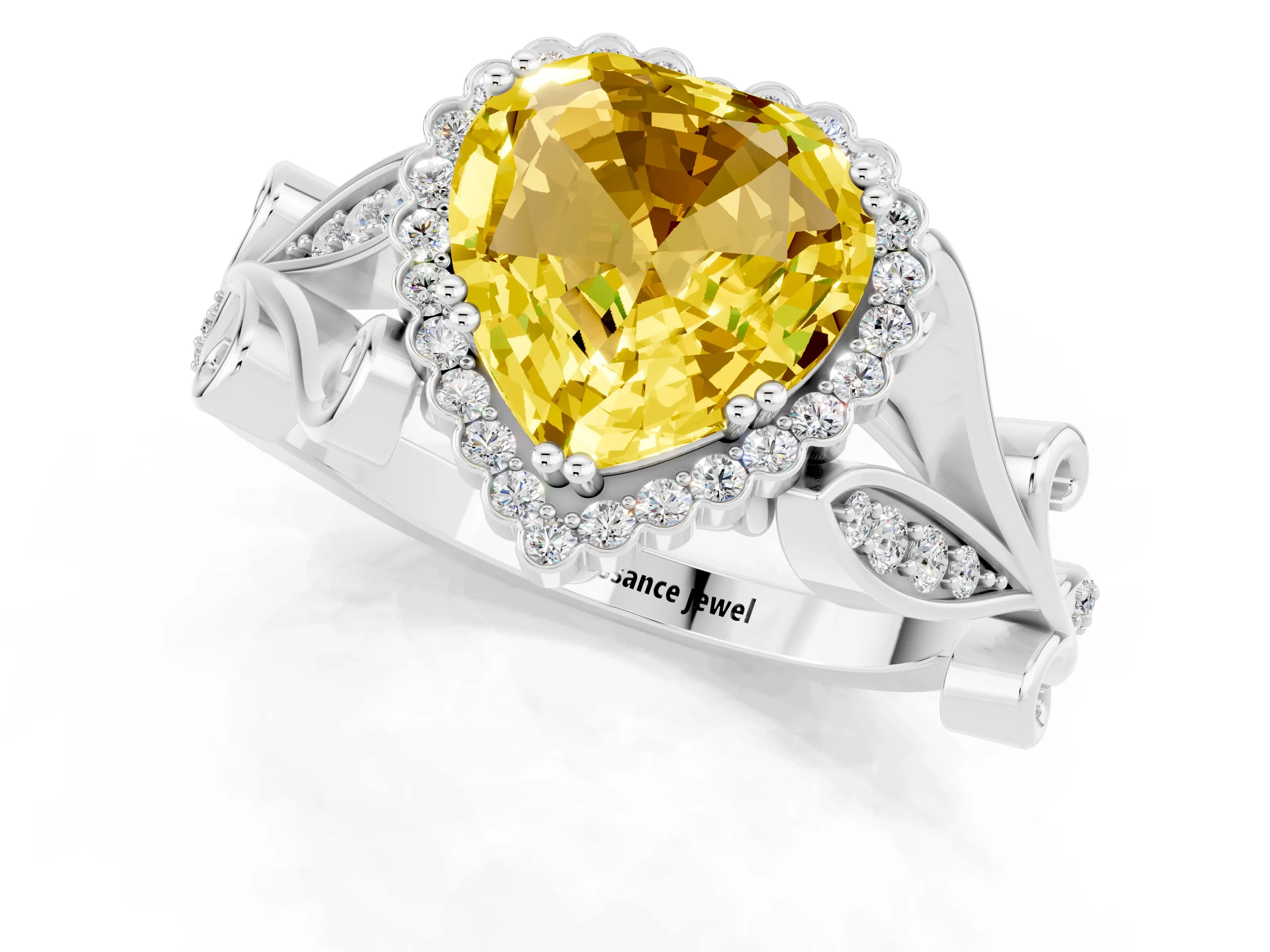 White gold Heart Cut Yellow Sapphire Halo Ring with Vintage Split Shank and Four-Prong Setting_25