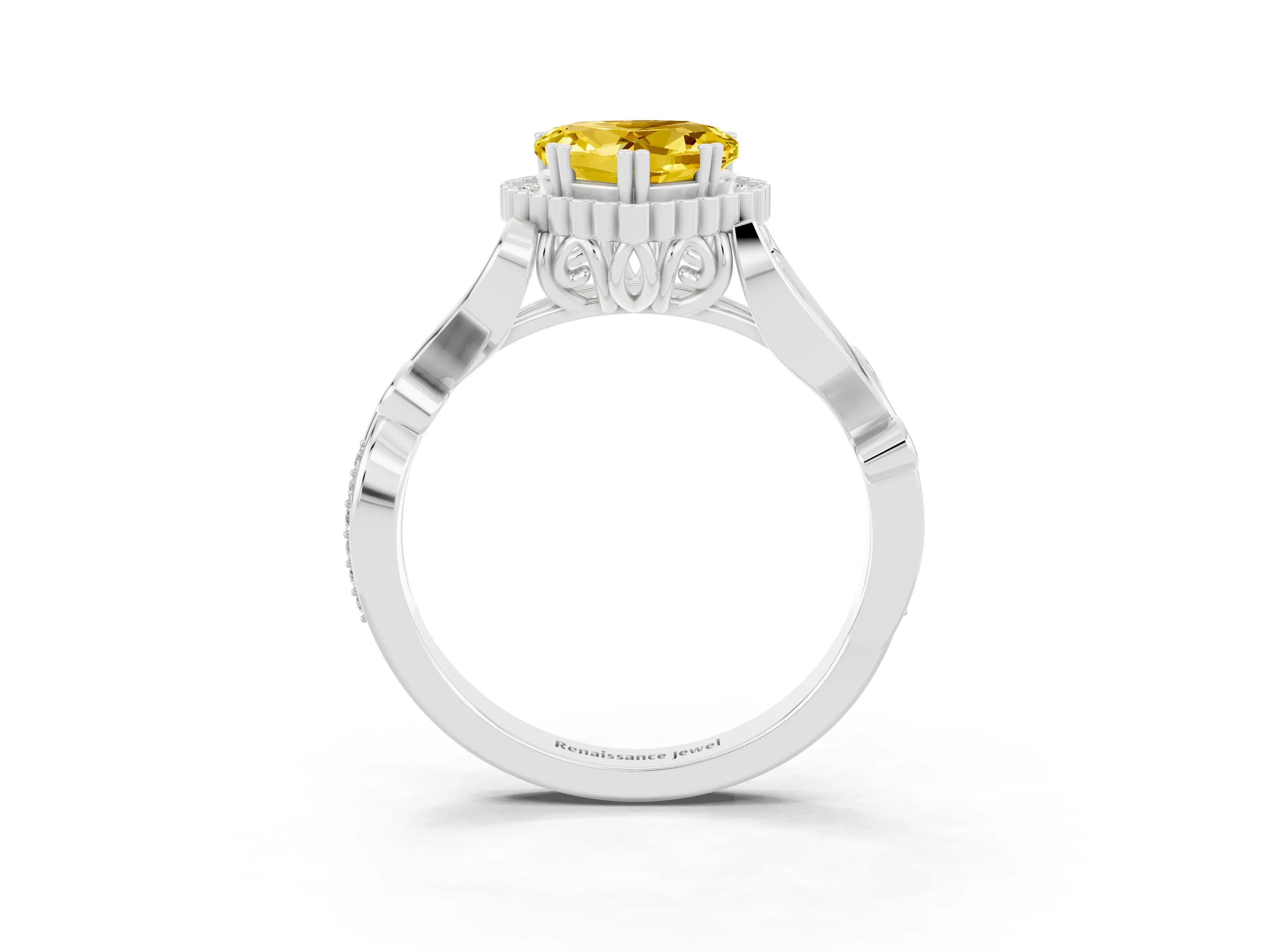 White gold Heart Cut Yellow Sapphire Halo Ring with Vintage Split Shank and Four-Prong Setting_27