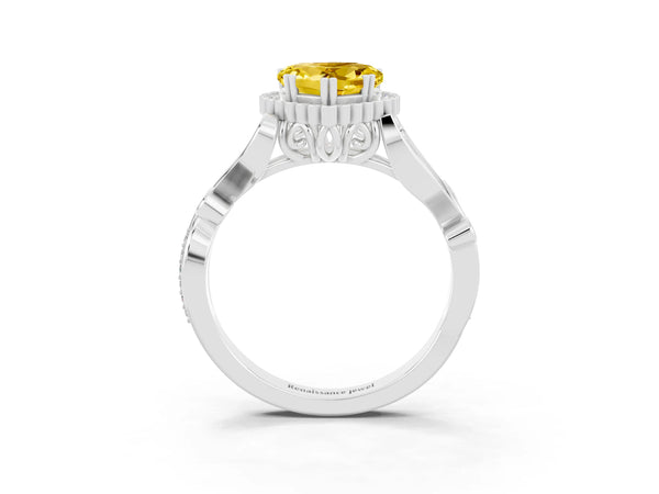 Silver Heart Cut Yellow Sapphire Halo Ring with Vintage Split Shank and Four-Prong Setting