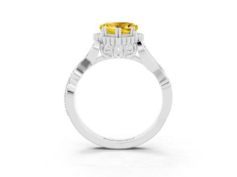 White gold Heart Cut Yellow Sapphire Halo Ring with Vintage Split Shank and Four-Prong Setting_27