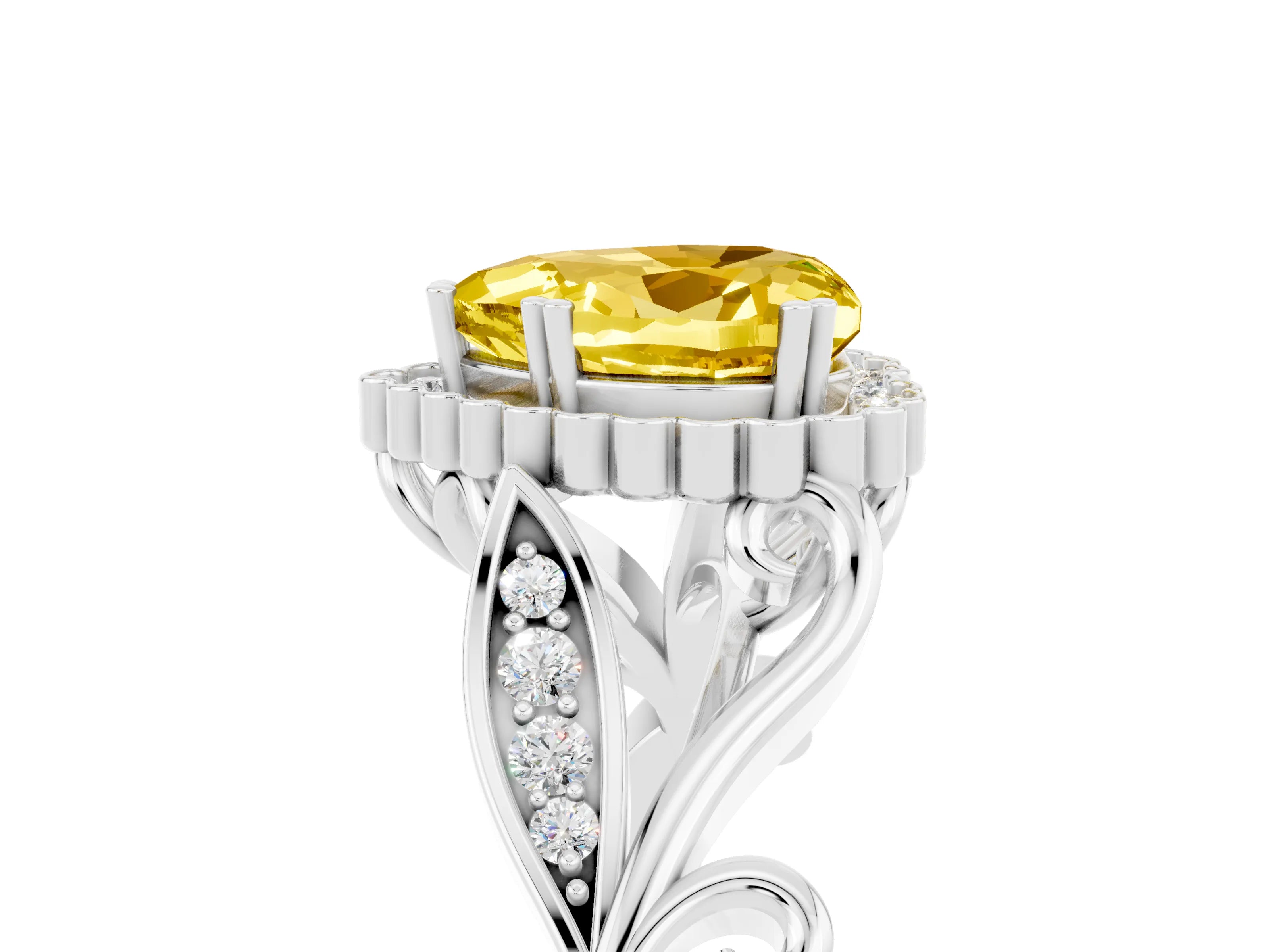 White gold Heart Cut Yellow Sapphire Halo Ring with Vintage Split Shank and Four-Prong Setting_29