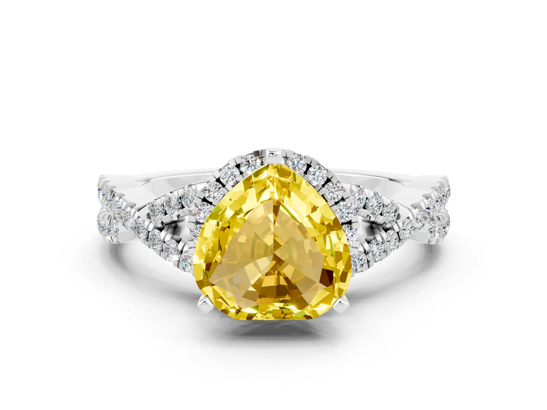 White gold Heart Cut Yellow Sapphire Halo Twist Band Solitaire Prong Setting Ring_24
