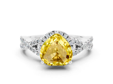 White gold Heart Cut Yellow Sapphire Halo Twist Band Solitaire Prong Setting Ring_24