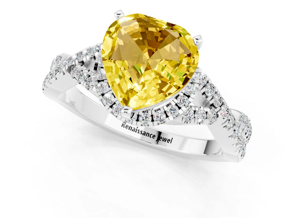Platinum Heart Cut Yellow Sapphire  Halo Twist Band Solitaire Prong Setting Ring