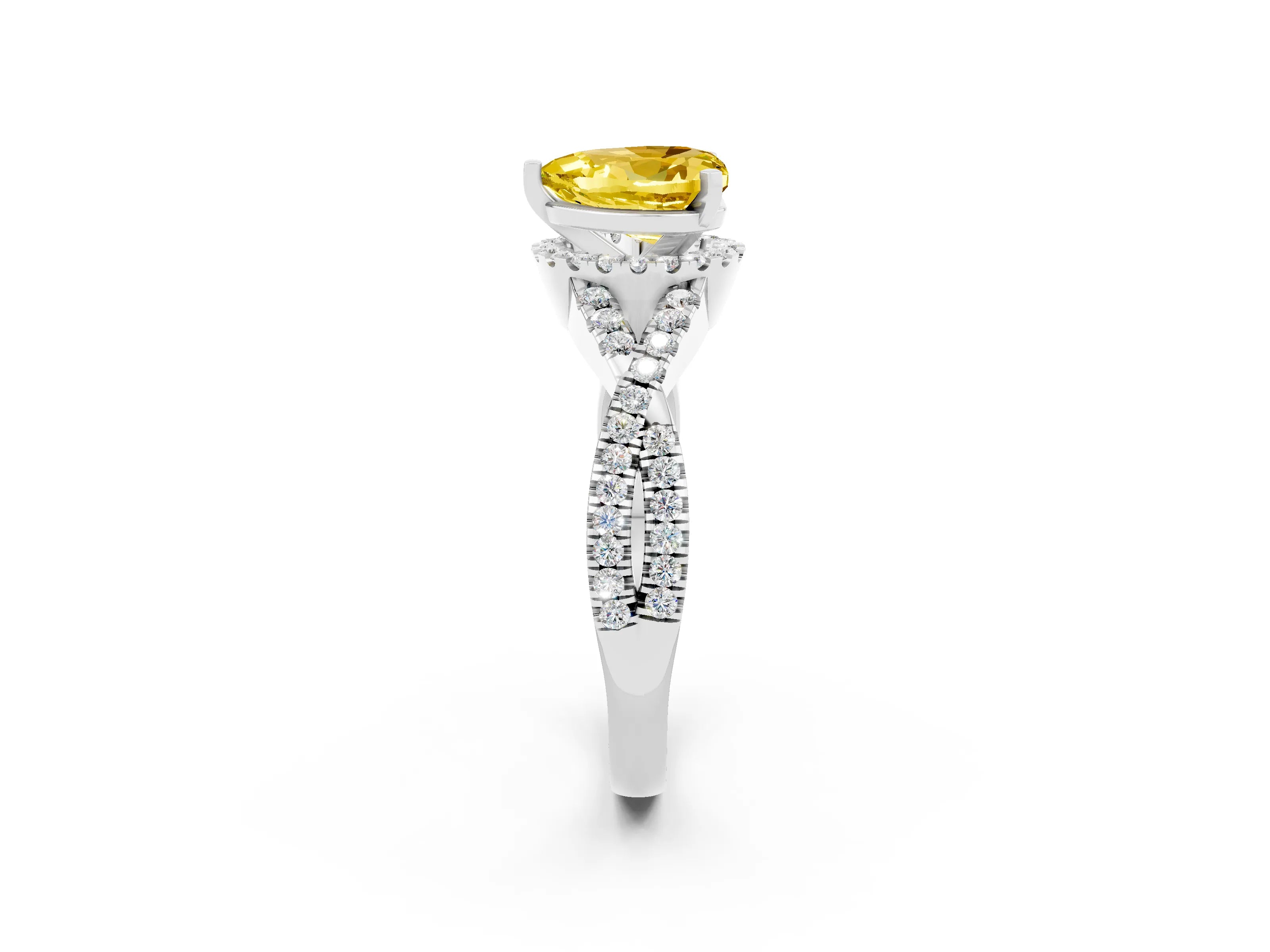 White gold Heart Cut Yellow Sapphire Halo Twist Band Solitaire Prong Setting Ring_26