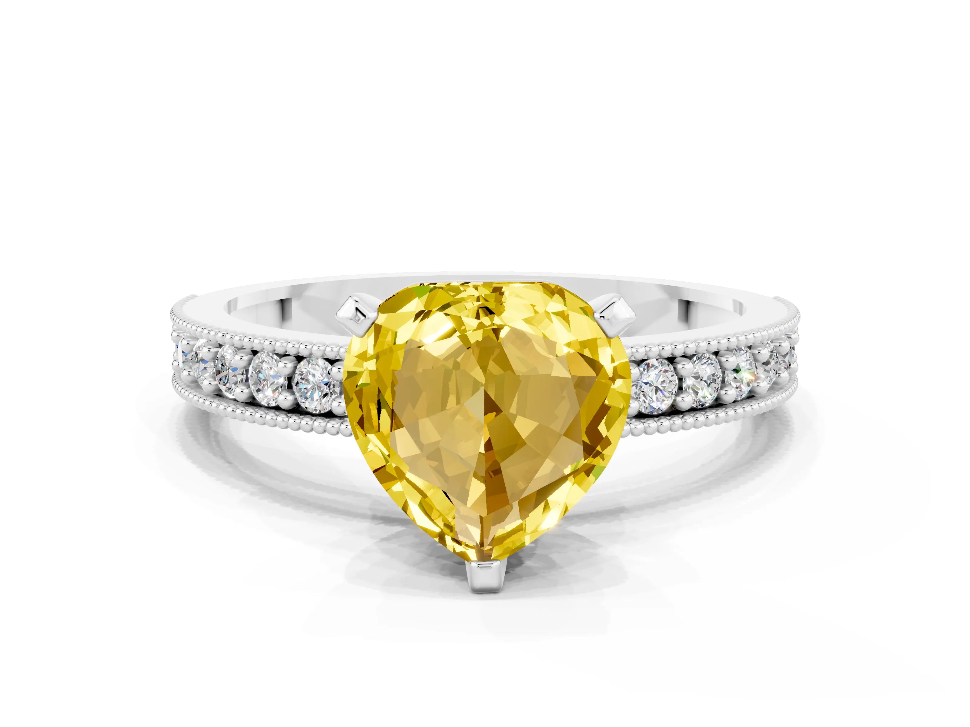 White gold Heart Cut Yellow Sapphire Milgrain Pavé Engagement Ring with Four-Prong Setting_36