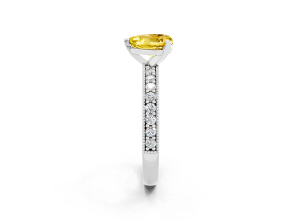 Silver Heart Cut Yellow Sapphire Milgrain Pavé Engagement Ring with Four-Prong Setting