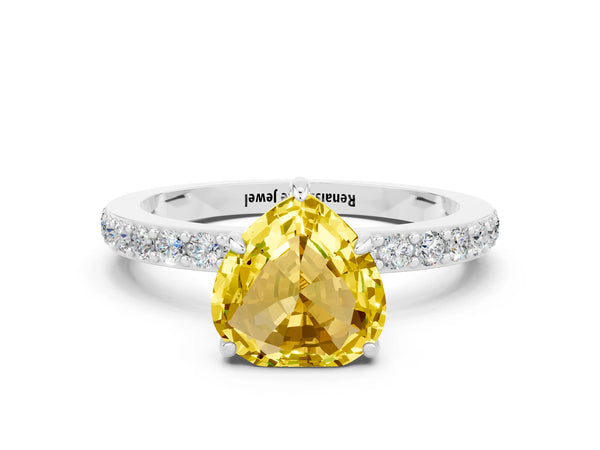Silver Heart Cut Yellow Sapphire Pavé Engagement Ring with Round  Accents and Prong Setting