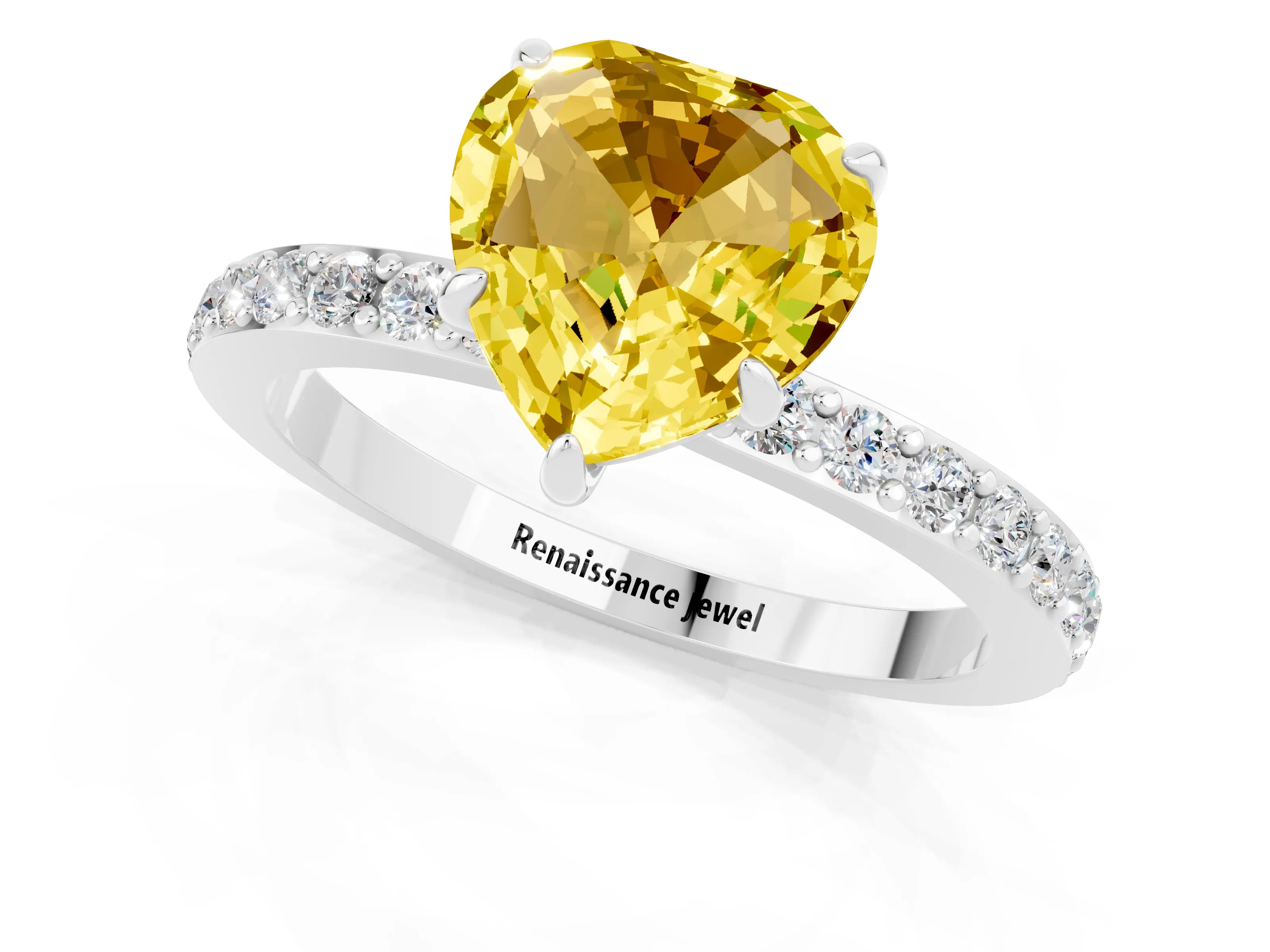 White gold Heart Cut Yellow Sapphire Pavé Engagement Ring with Round  Accents and Prong Setting_49