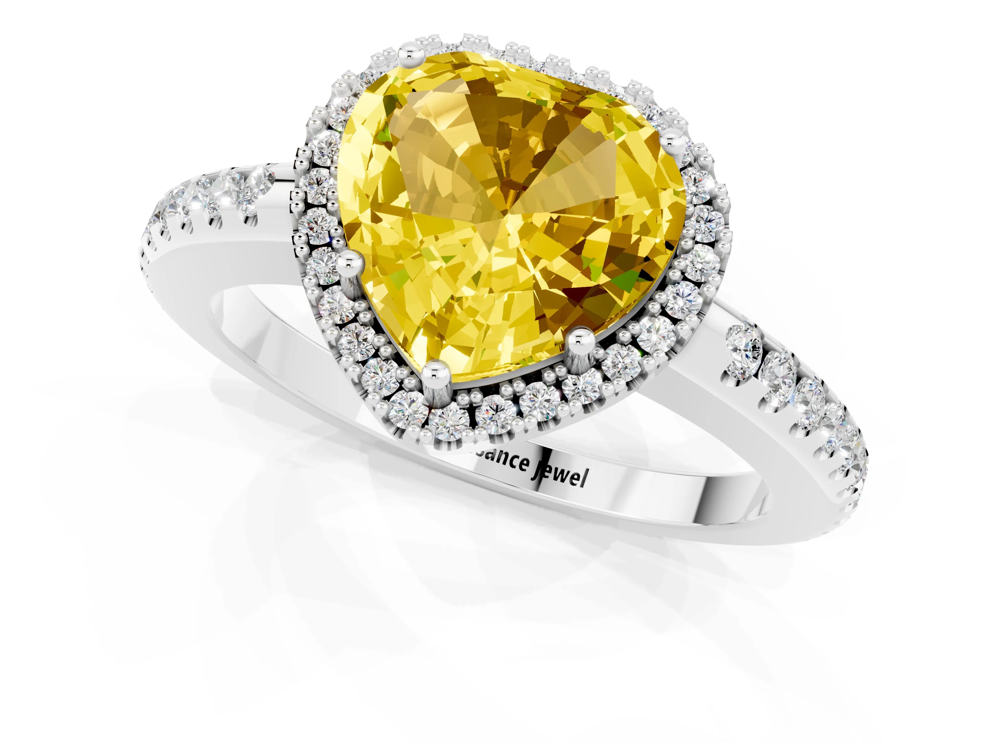 White gold Heart Cut Yellow Sapphire Pavé Halo Ring with Four-Prong Setting_13