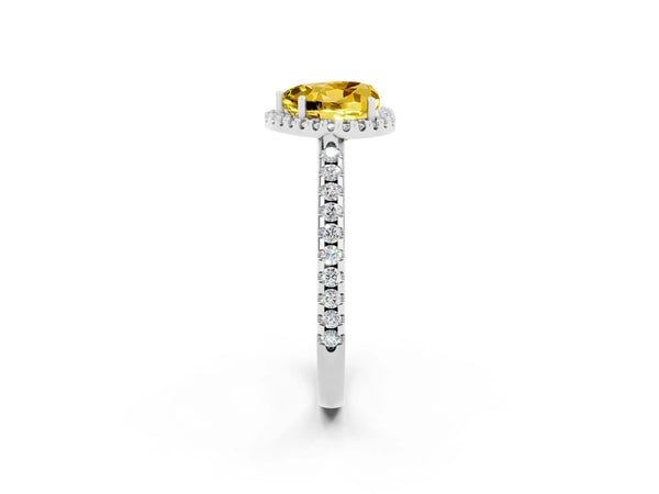 Platinum Heart Cut Yellow Sapphire Pavé Halo Ring with Four-Prong Setting