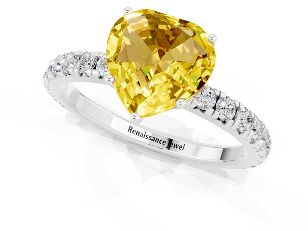 Silver Heart Cut Yellow Sapphire Pavé Solitaire Engagement Ring with Four-Prong Setting