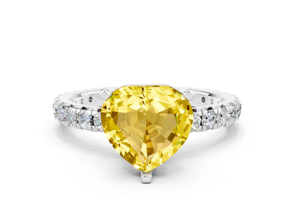 Platinum Heart Cut Yellow Sapphire Pavé Solitaire Ring with Round Band and Prong Setting