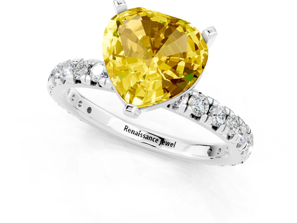 Platinum Heart Cut Yellow Sapphire Pavé Solitaire Ring with Round Band and Prong Setting