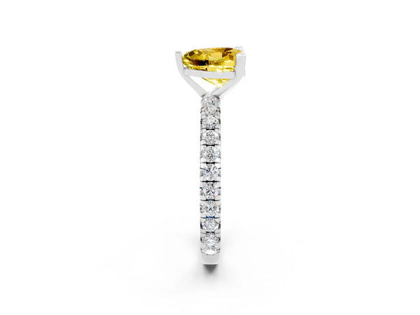 Platinum Heart Cut Yellow Sapphire Pavé Solitaire Ring with Round Band and Prong Setting