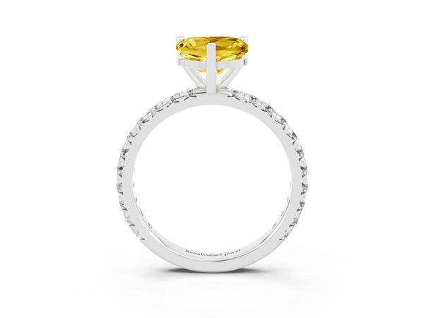 Platinum Heart Cut Yellow Sapphire Pavé Solitaire Ring with Round Band and Prong Setting
