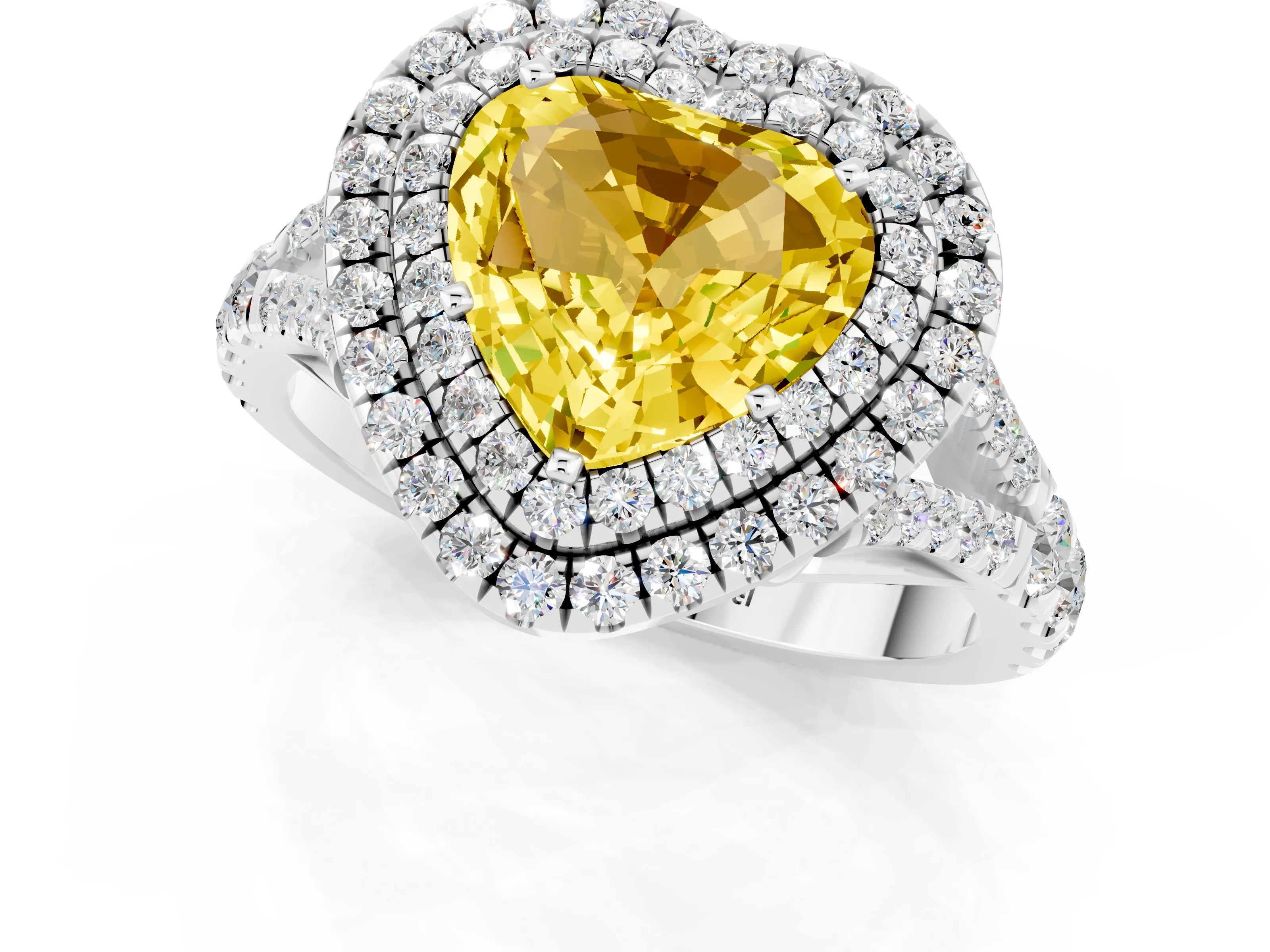 White gold Heart Cut Yellow Sapphire Pavé Split Shank Double Halo Engagement Ring_1