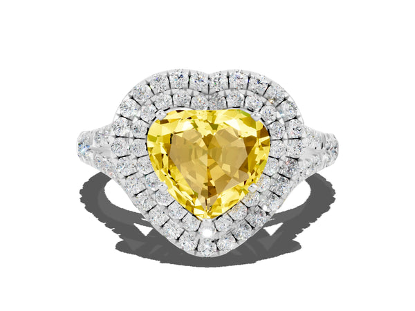 White gold Heart Cut Yellow Sapphire Pavé Split Shank Double Halo Engagement Ring