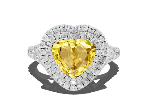 White gold Heart Cut Yellow Sapphire Pavé Split Shank Double Halo Engagement Ring