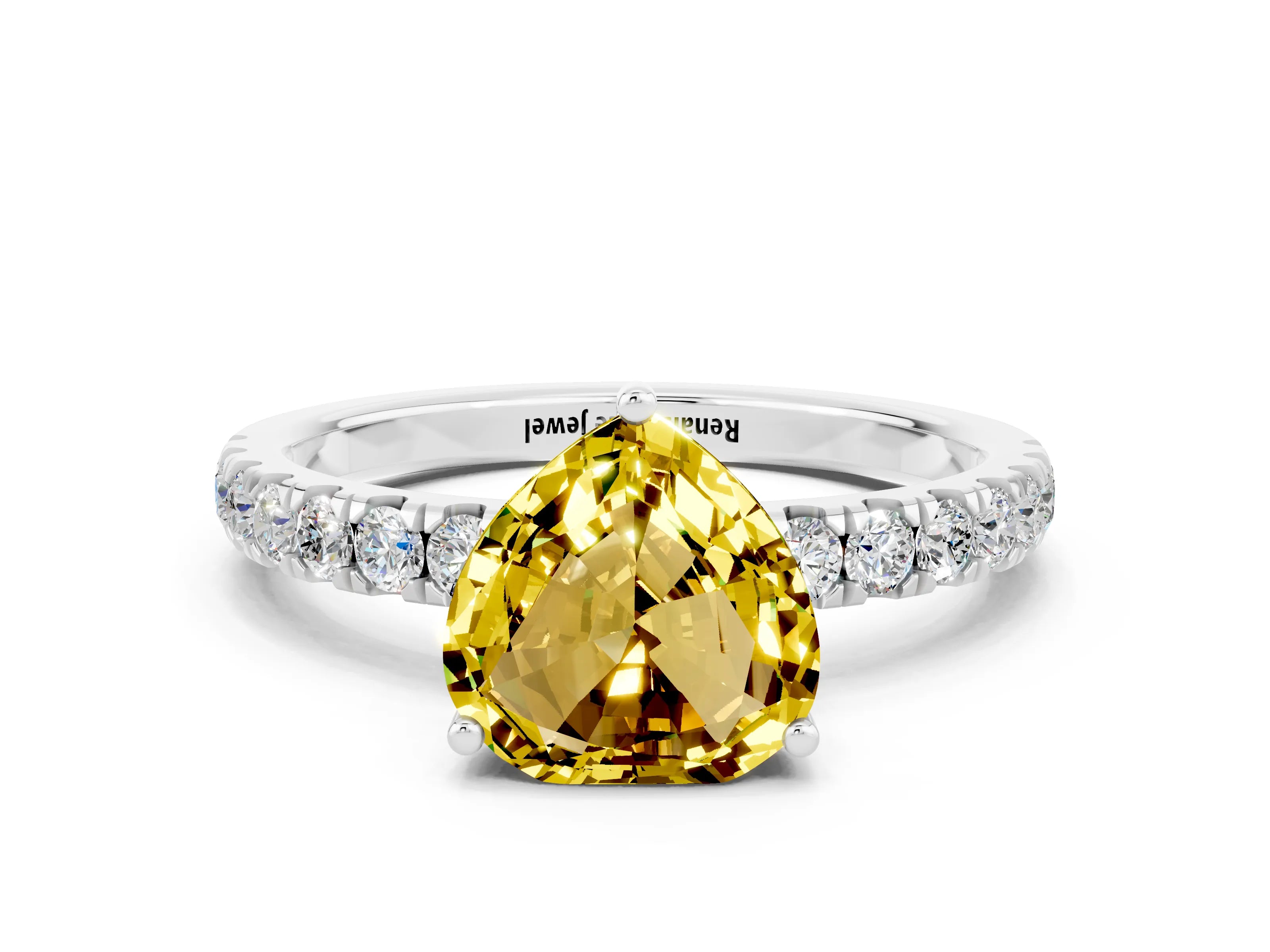 White gold Heart Cut Yellow Sapphire Pave Band Solitaire Ring with Four-Prong Setting_60