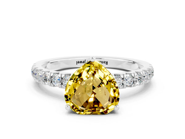 Platinum Heart Cut Yellow Sapphire Pave Band Solitaire Ring with Round  and Prong Setting