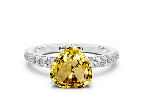 White gold Heart Cut Yellow Sapphire Pave Band Solitaire Ring with Four-Prong Setting_60