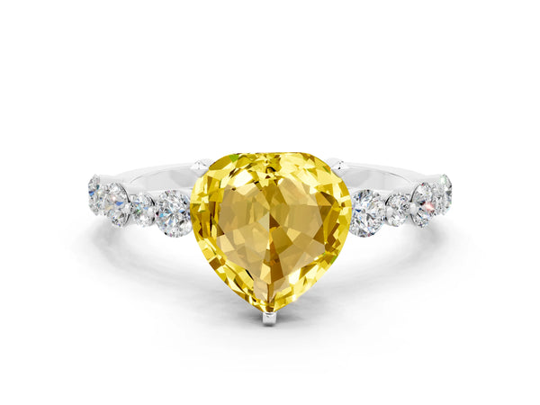 Silver Heart Cut Yellow Sapphire Prong Set Engagement Ring with Pavé Band
