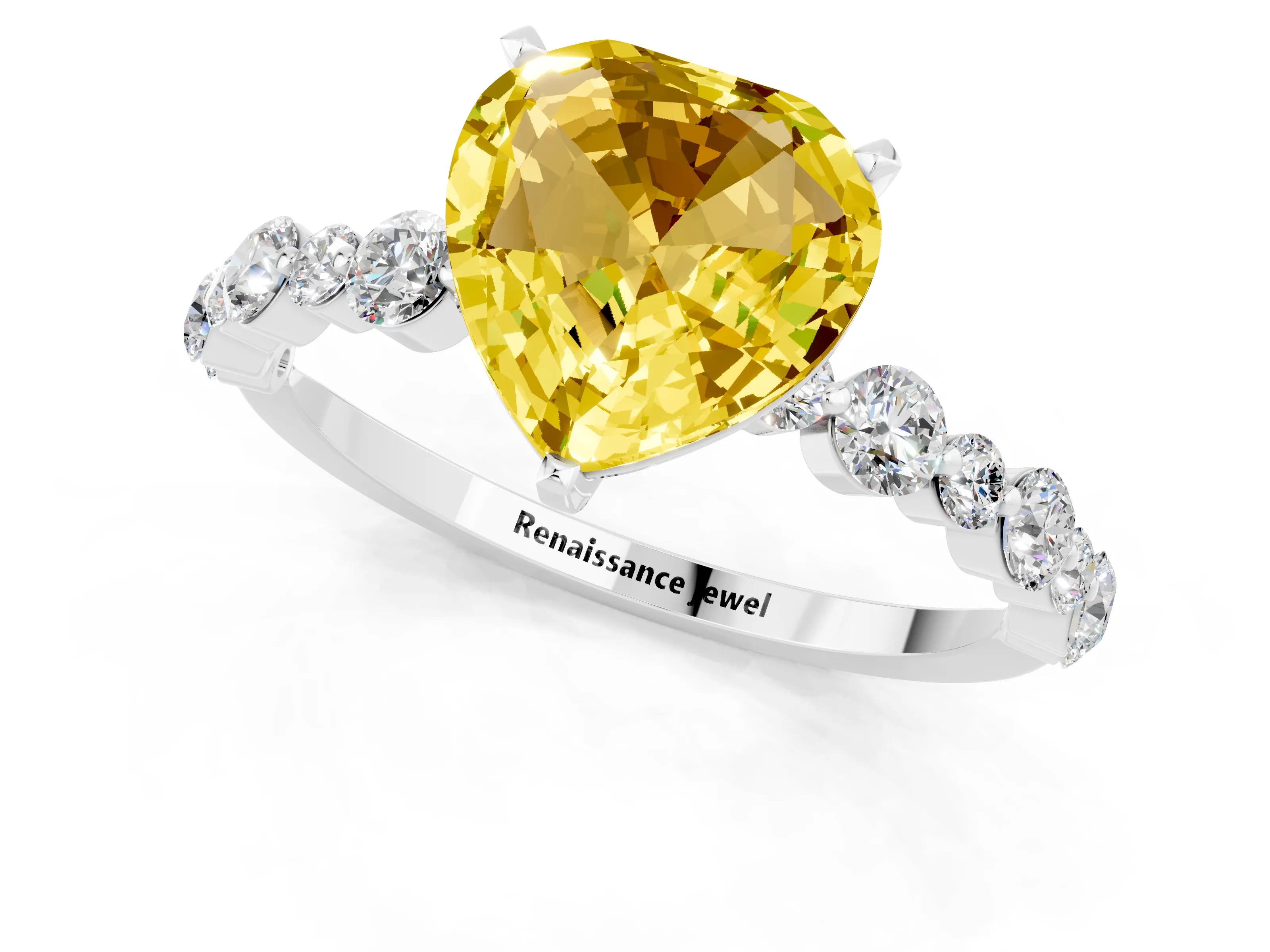 White gold Heart Cut Yellow Sapphire Prong Set Engagement Ring with Pavé Band_13
