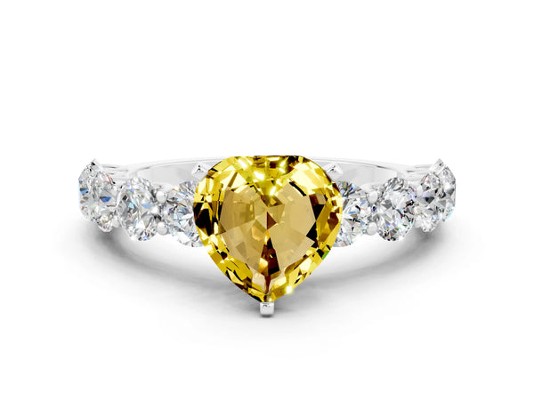 Platinum Heart Cut Yellow Sapphire Prong Setting with Side Stones on a Pave Band