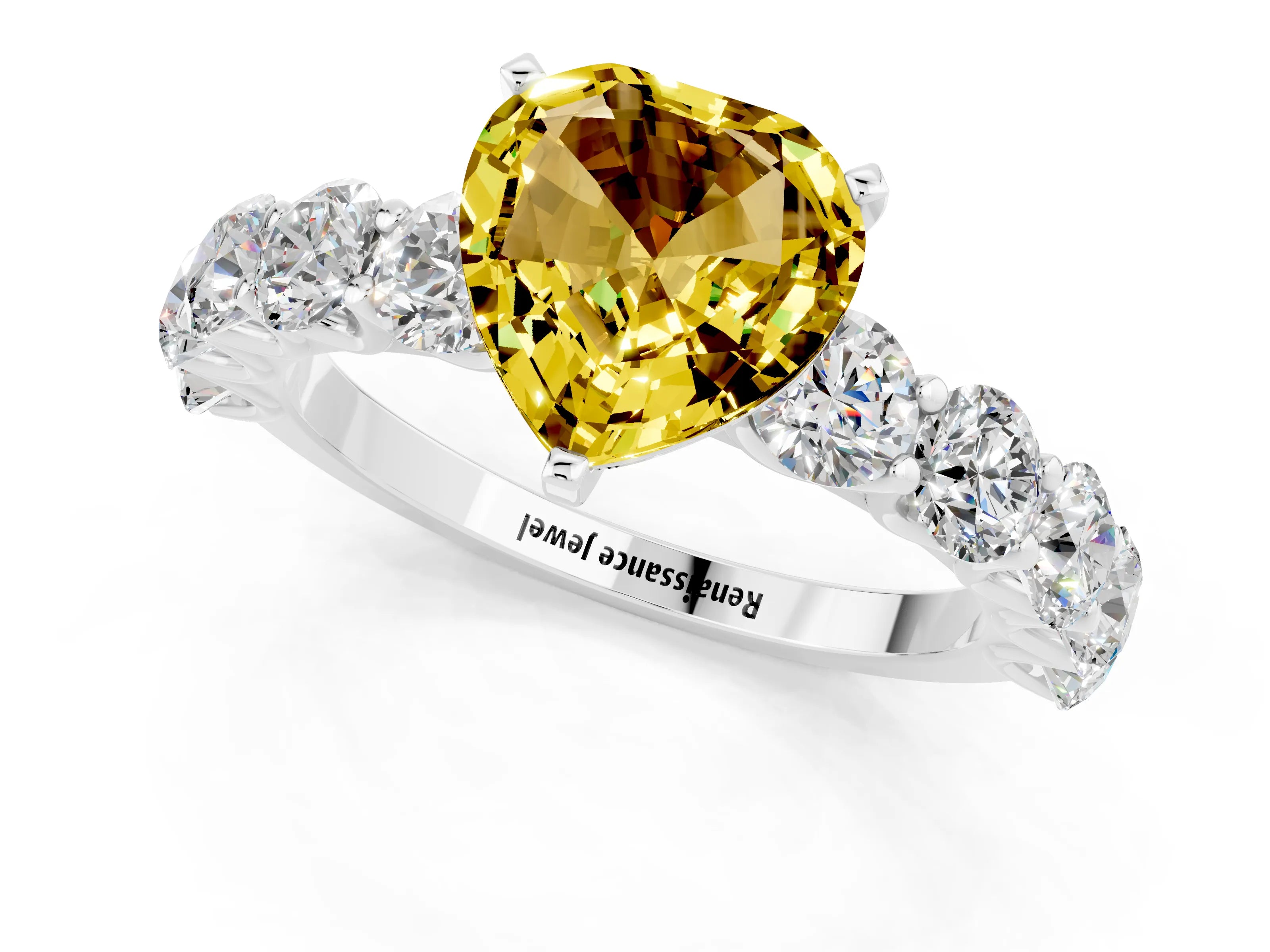 White gold Heart Cut Yellow Sapphire Prong Setting with Side Stones on a Pave Band_25