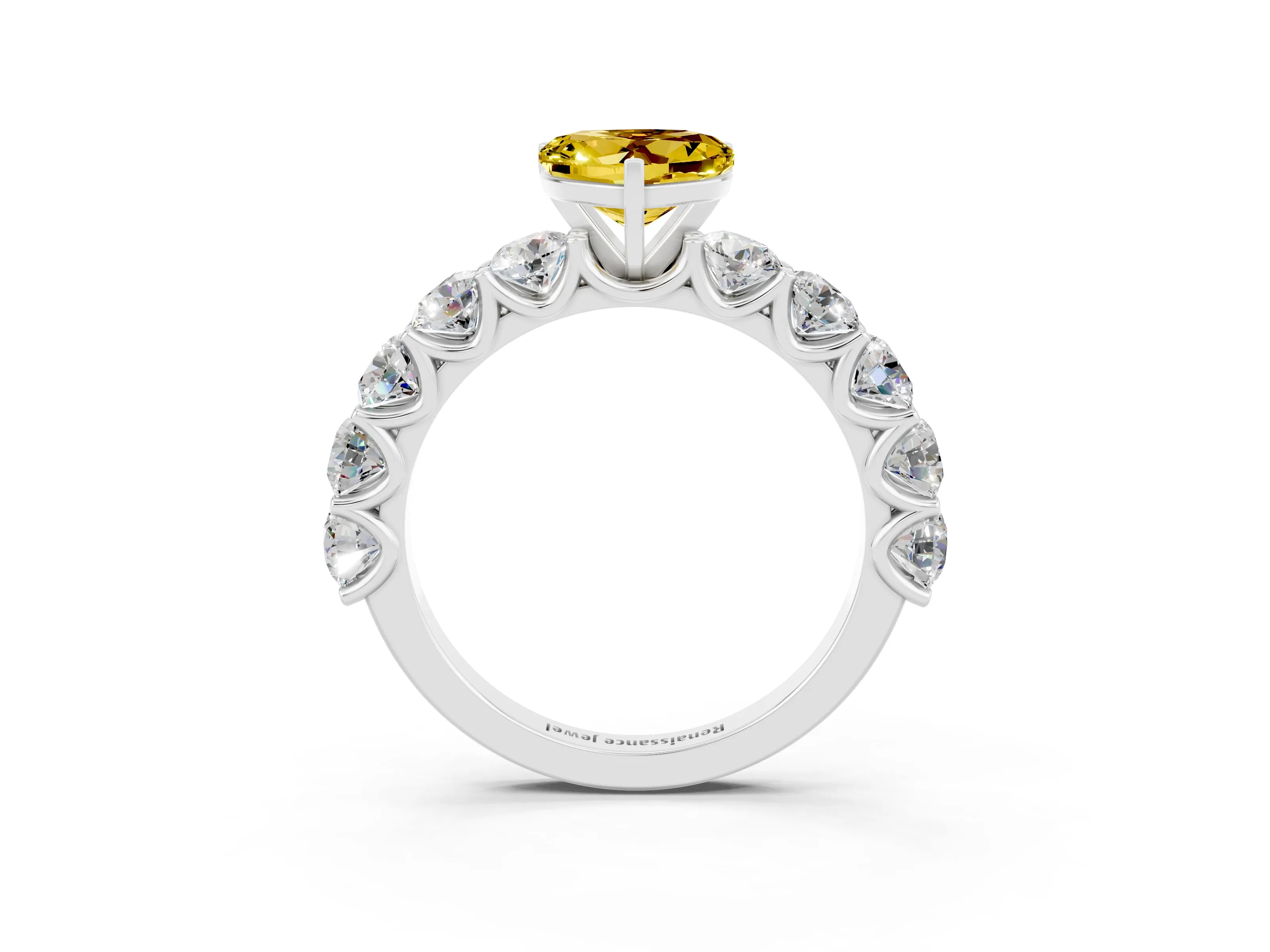White gold Heart Cut Yellow Sapphire Prong Setting with Side Stones on a Pave Band_27