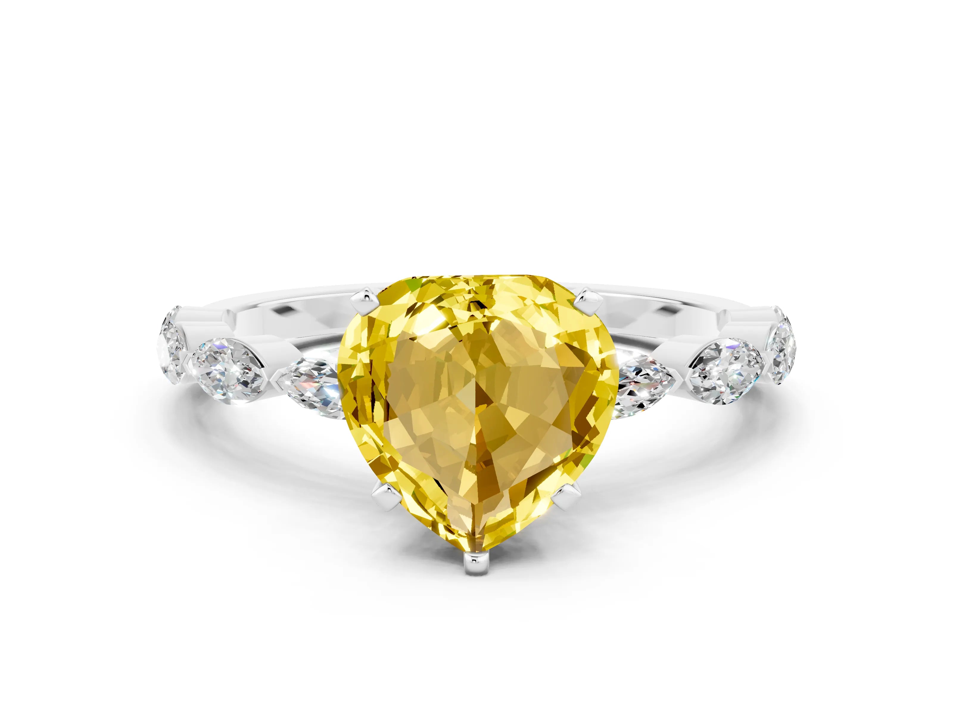 White gold Heart Cut Yellow Sapphire Ring with Marquise Side Stones and Prong Setting_12