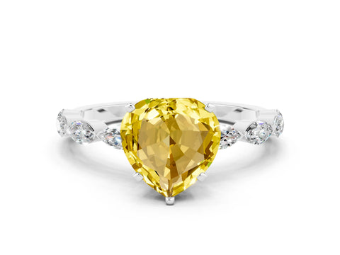 White gold Heart Cut Yellow Sapphire Ring with Marquise Side Stones and Prong Setting_12