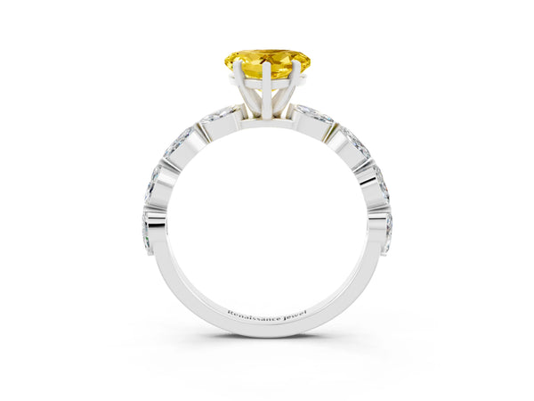 White gold Heart Cut Yellow Sapphire Ring with Marquise Side Stones and Prong Setting