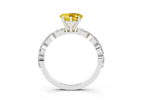 White gold Heart Cut Yellow Sapphire Ring with Marquise Side Stones and Prong Setting_15