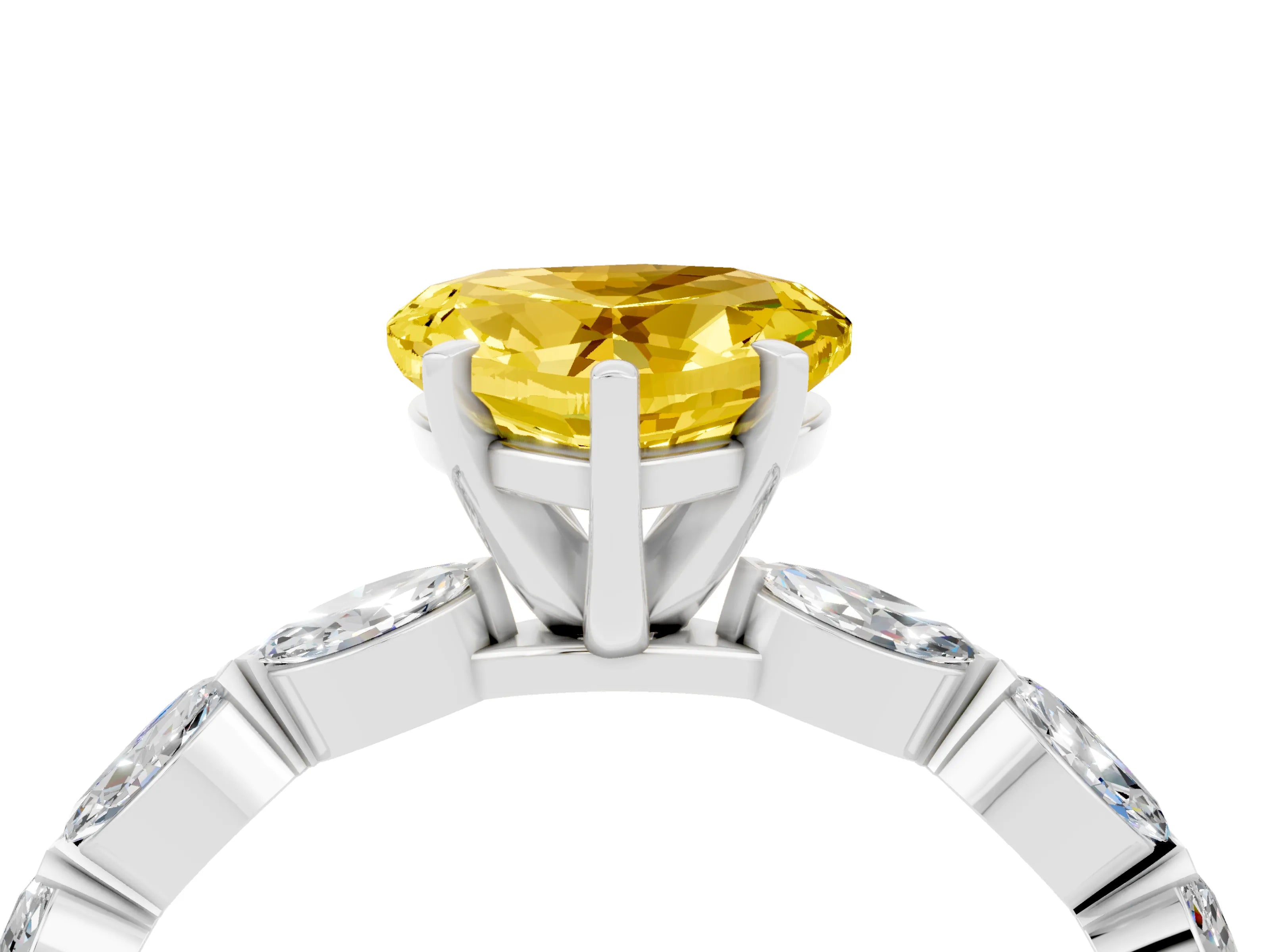 White gold Heart Cut Yellow Sapphire Ring with Marquise Side Stones and Prong Setting_16