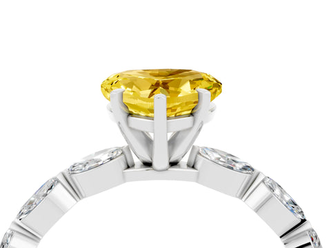 White gold Heart Cut Yellow Sapphire Ring with Marquise Side Stones and Prong Setting_16