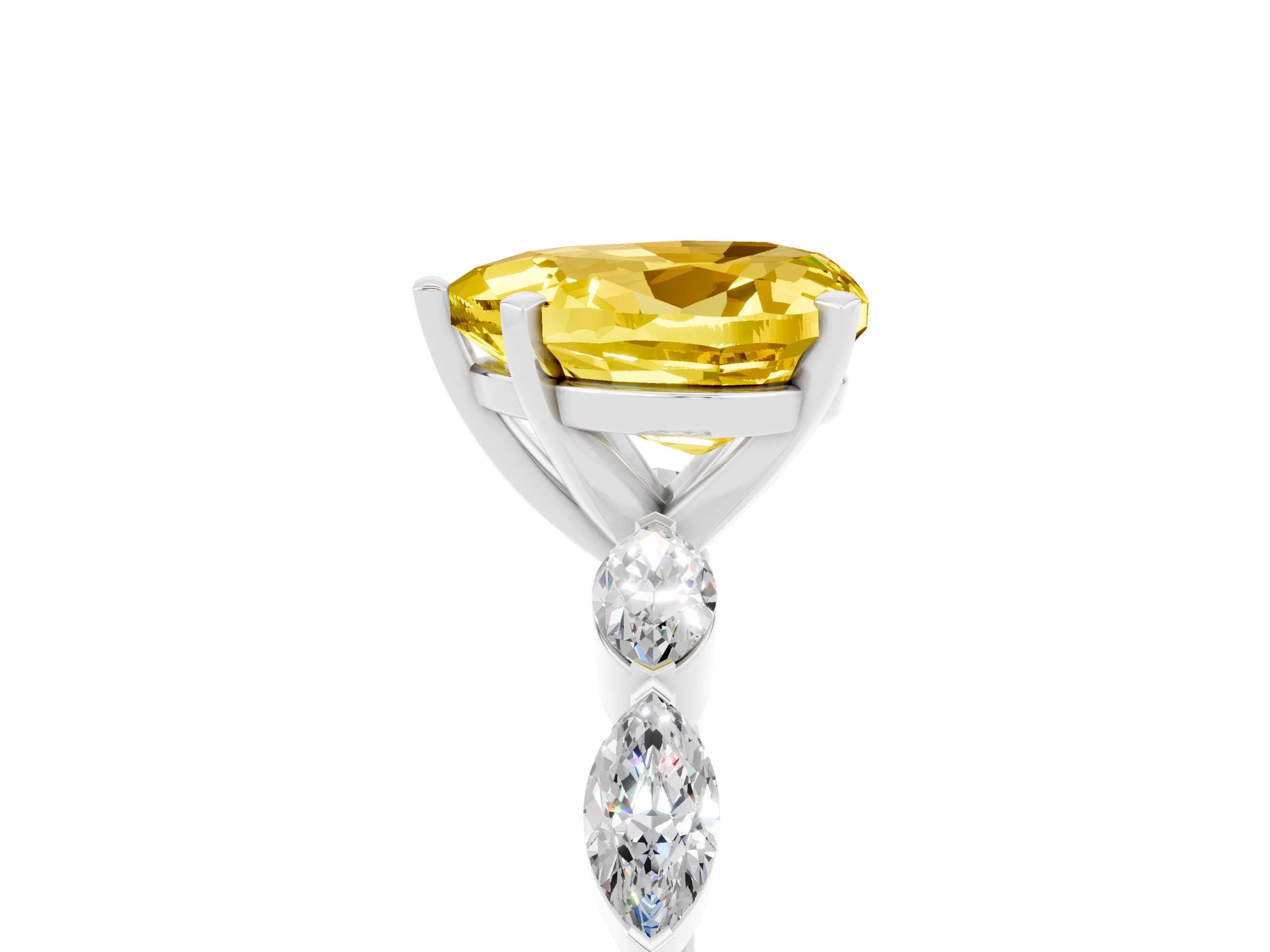 White gold Heart Cut Yellow Sapphire Ring with Marquise Side Stones and Prong Setting_17