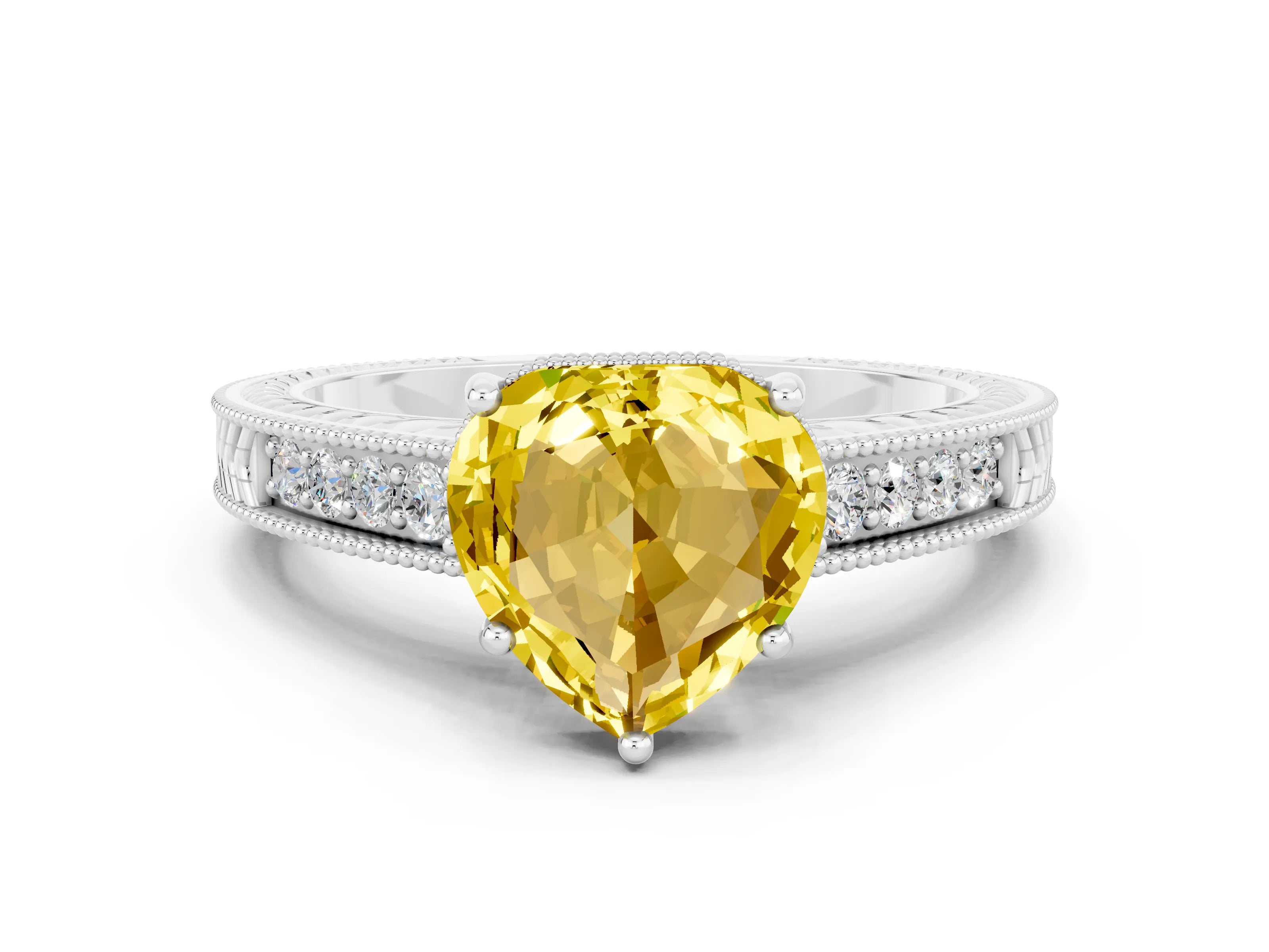 White gold Heart Cut Yellow Sapphire Ring with Milgrain Pavé Band and Four-Prong Setting_36