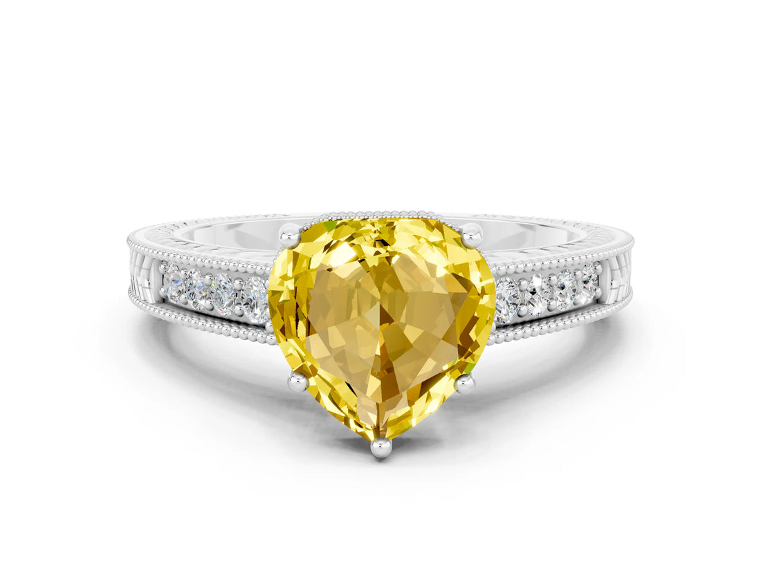 White gold Heart Cut Yellow Sapphire Ring with Milgrain Pavé Band and Four-Prong Setting_36