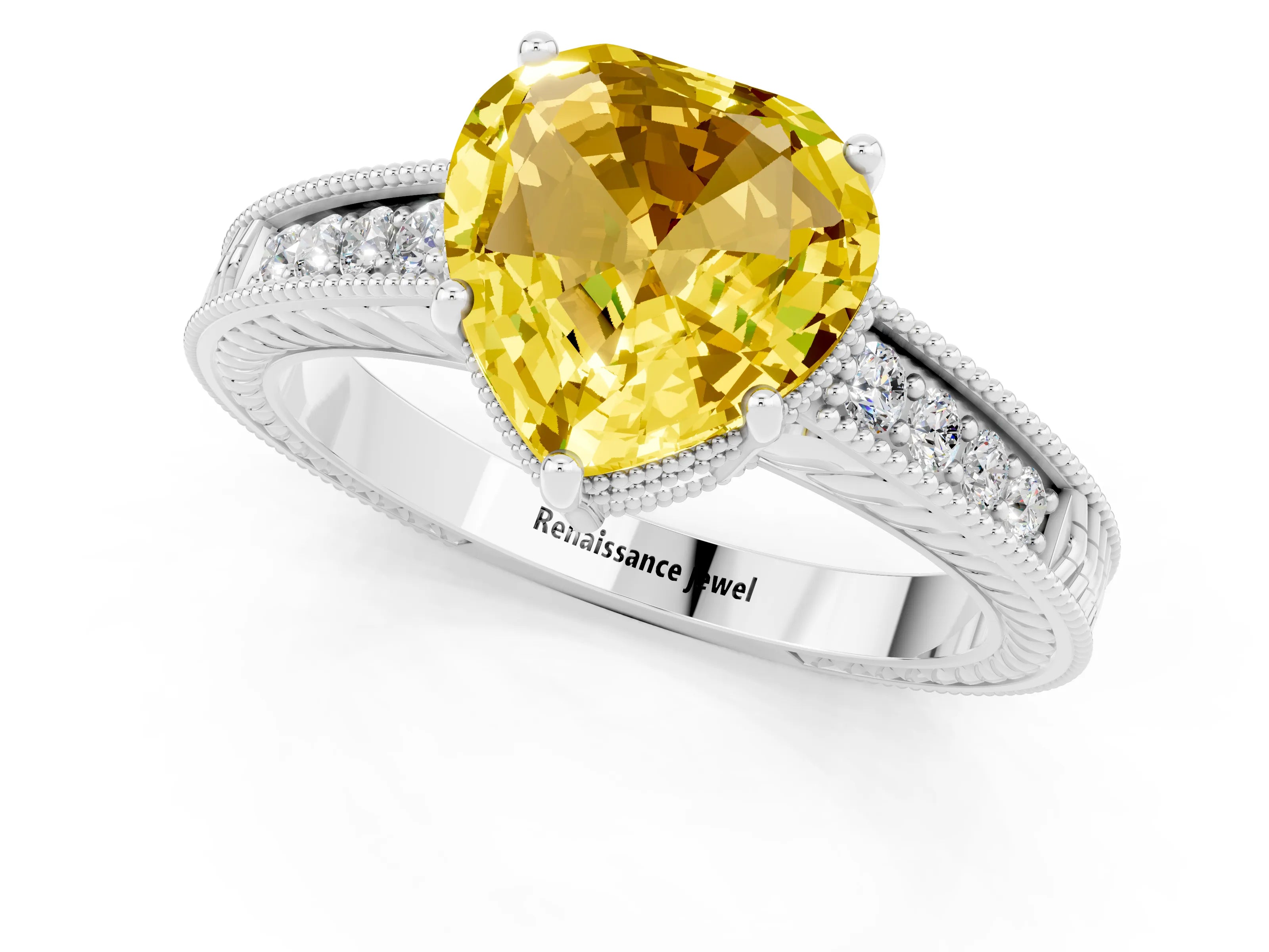 White gold Heart Cut Yellow Sapphire Ring with Milgrain Pavé Band and Four-Prong Setting_37