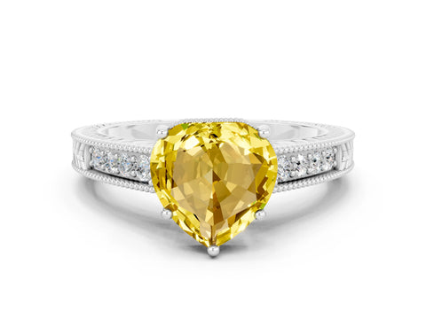 White gold Heart Cut Yellow Sapphire Ring with Milgrain Pavé Band and Four-Prong Setting_37