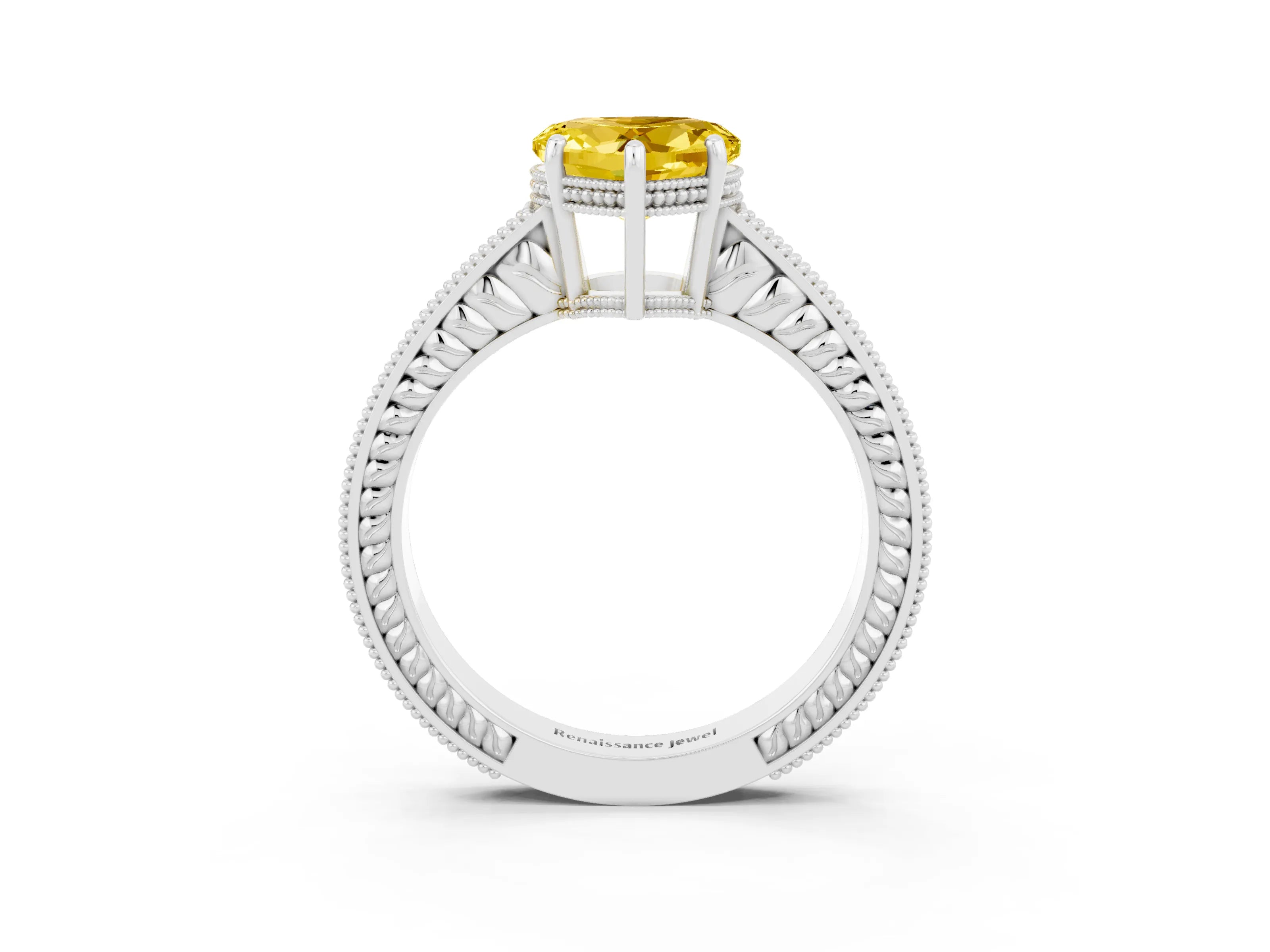 White gold Heart Cut Yellow Sapphire Ring with Milgrain Pavé Band and Four-Prong Setting_39