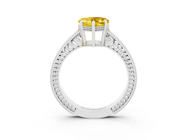 Silver Heart Cut Yellow Sapphire Ring with Milgrain Pavé Band and Four-Prong Setting