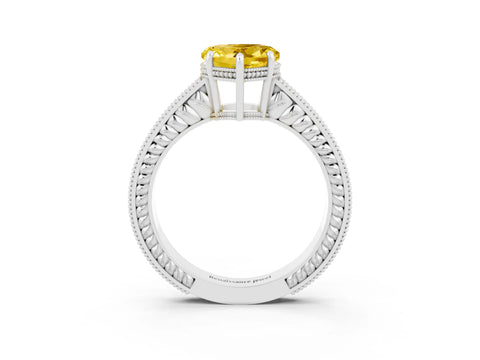 White gold Heart Cut Yellow Sapphire Ring with Milgrain Pavé Band and Four-Prong Setting_40