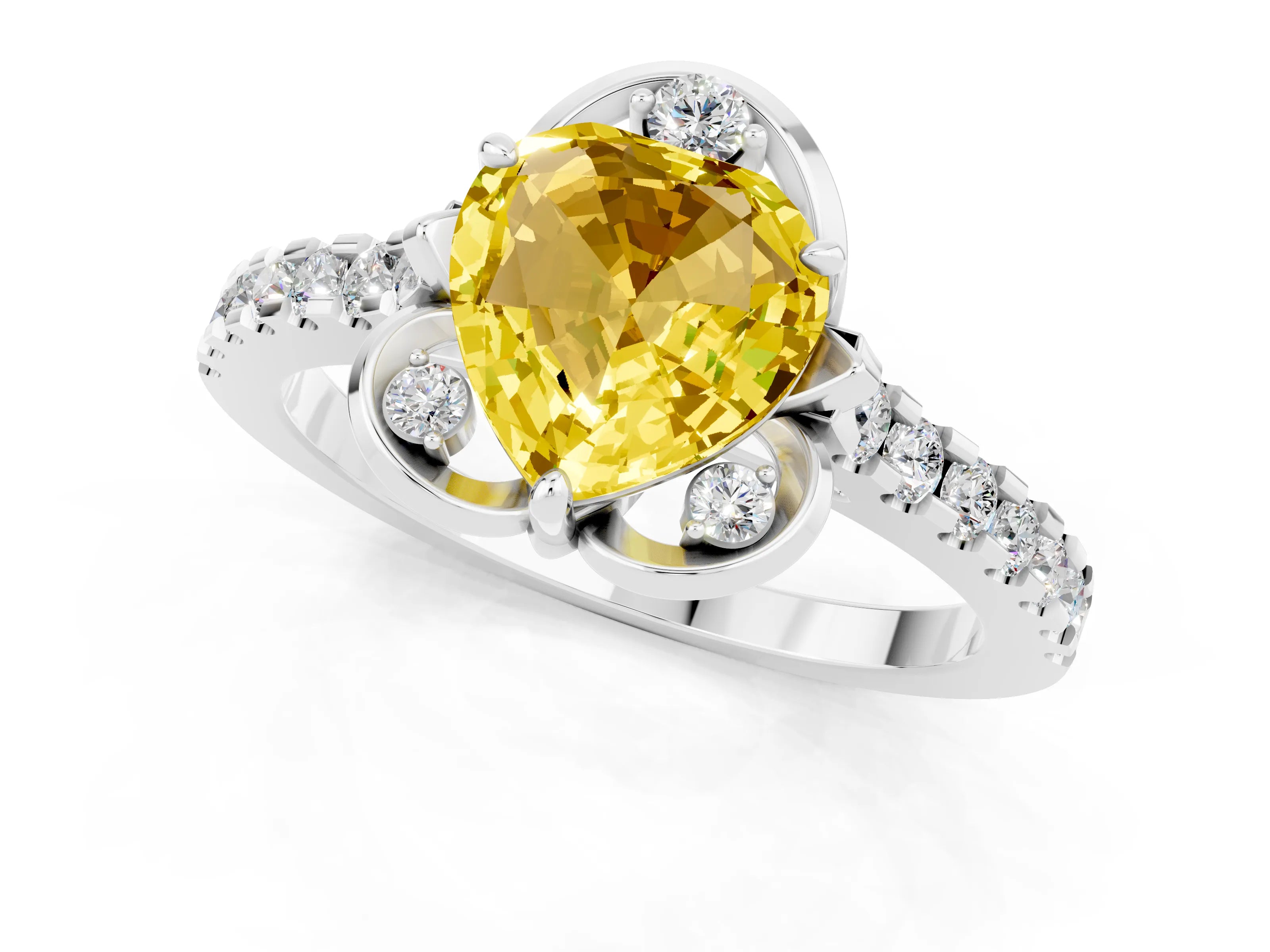 White gold Heart Cut Yellow Sapphire Ring with Pavé Band and Floral Prong Setting_1